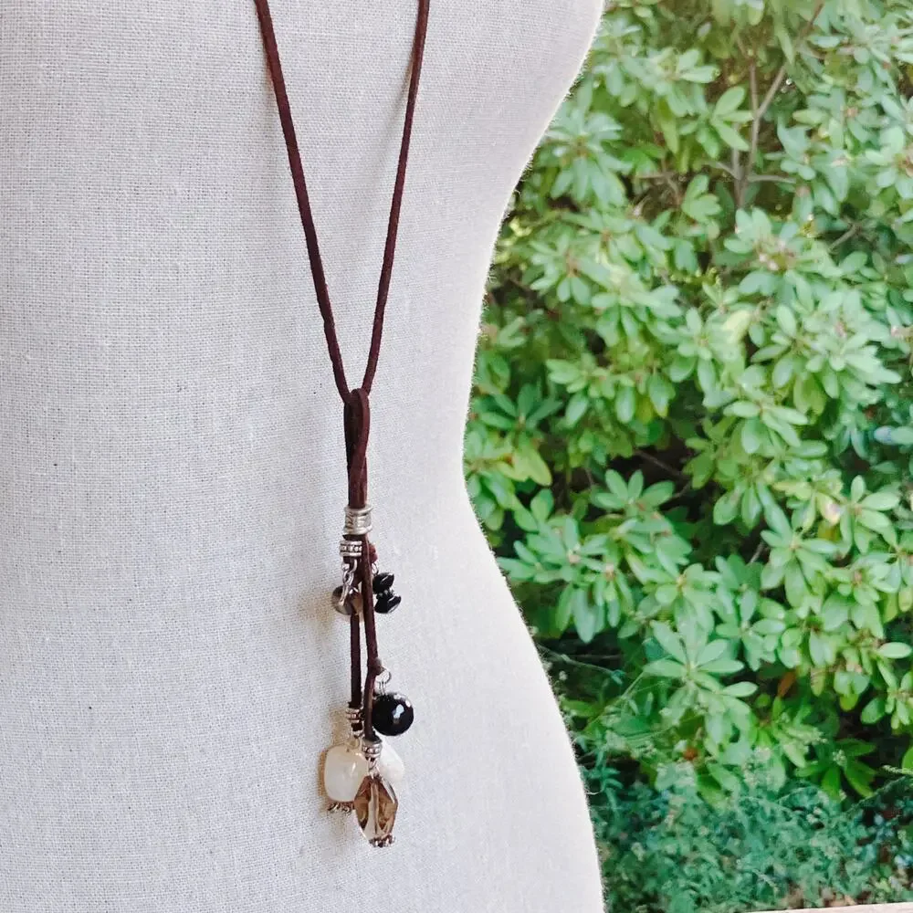 VTG Gemstone Freshwater Pearls Long Necklace Spinel Quartz Tourmaline Suede Boho